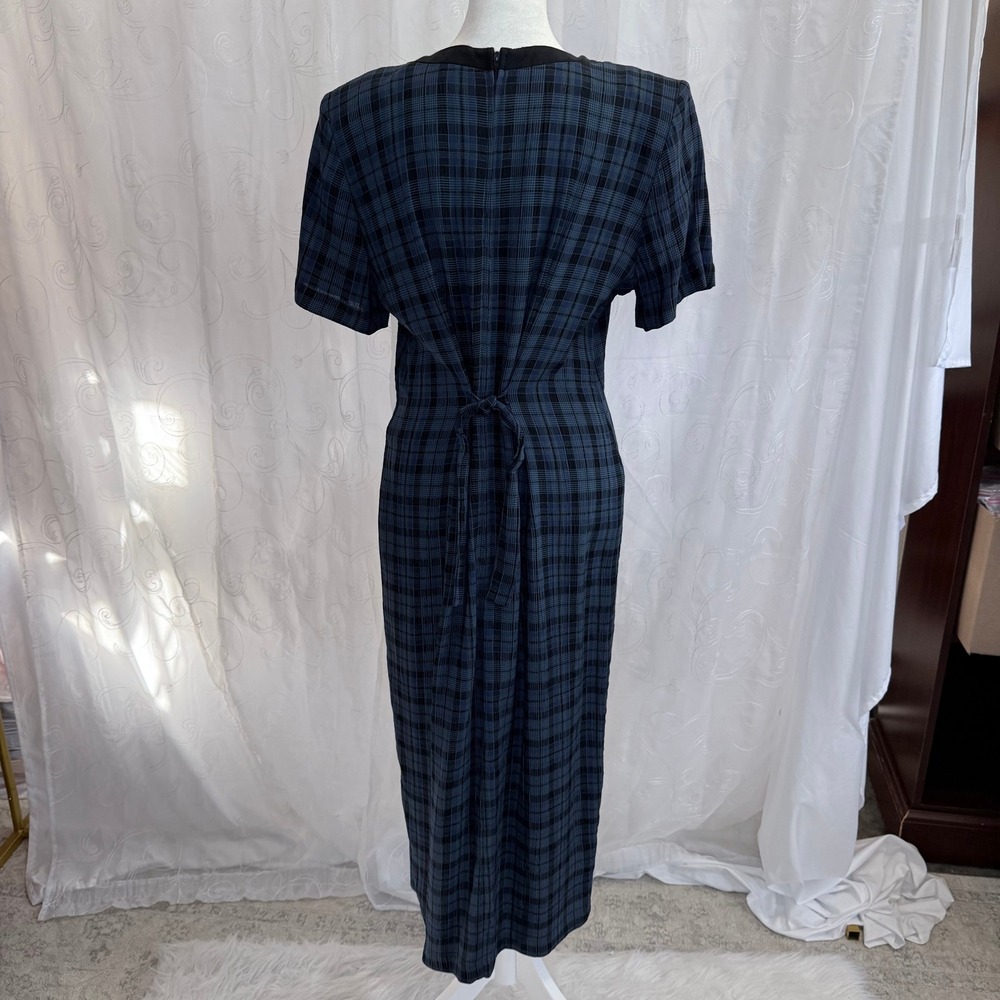 Dawn Joy II Vintage Plaid Midi Dress Blue Black Frog Closure Petite 12P USA Made - Picture 3 of 8